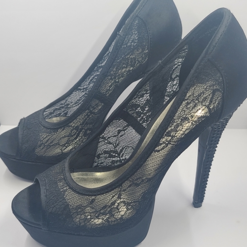 BEBE Black Lace Stiletto Open Toe